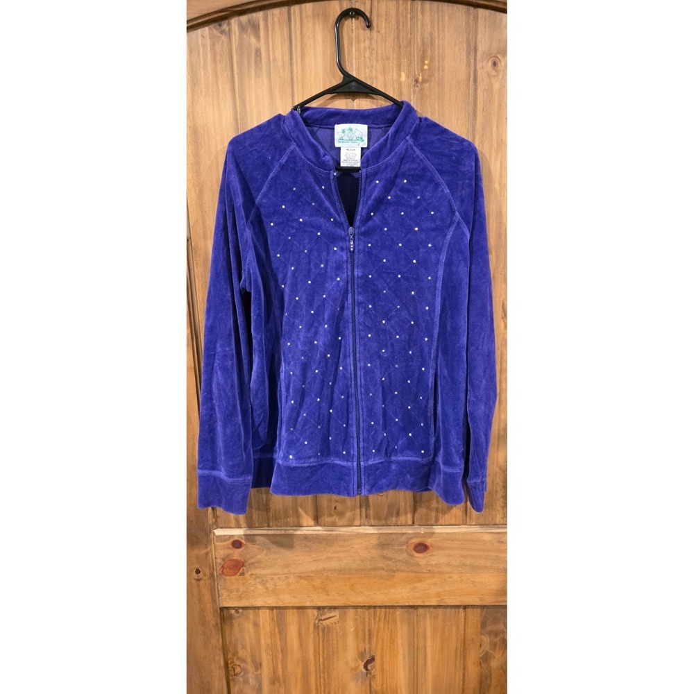Quacker Factory Jacket Womens M Plum‎ Purple Rhinestone Full Zip Raglan Sleeve